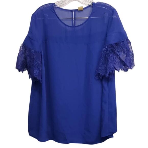Worthington Women's Sheer & Lace Sleeves Cobalt Blue Flowy Blouse Size 1X - Picture 1 of 4